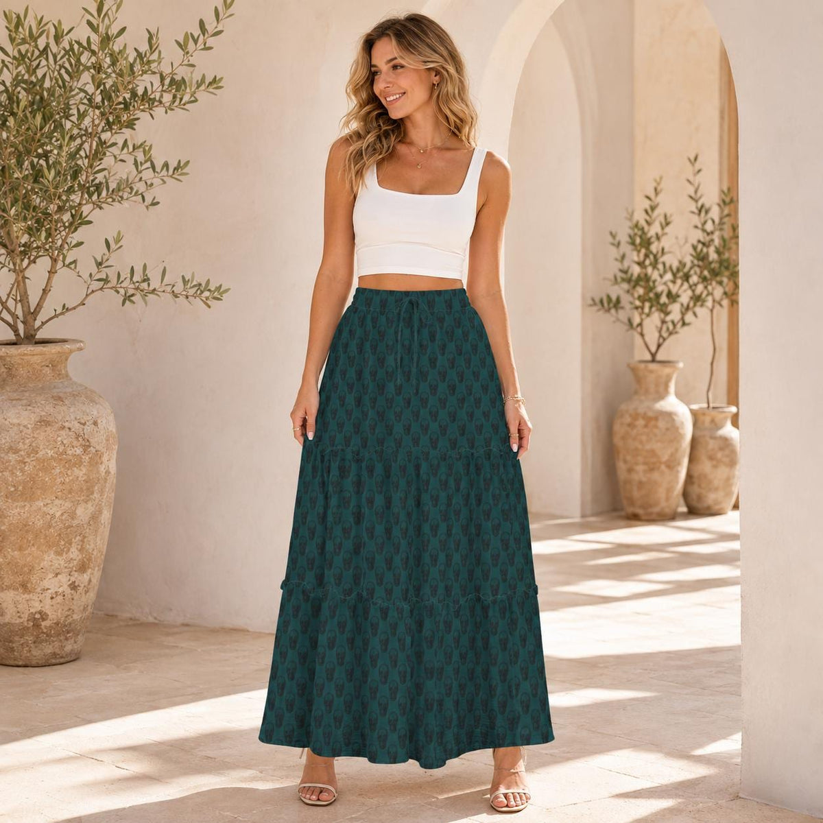 Tonal Damask Maxi Skirt, Forest Green Botanical Tiered Skirt