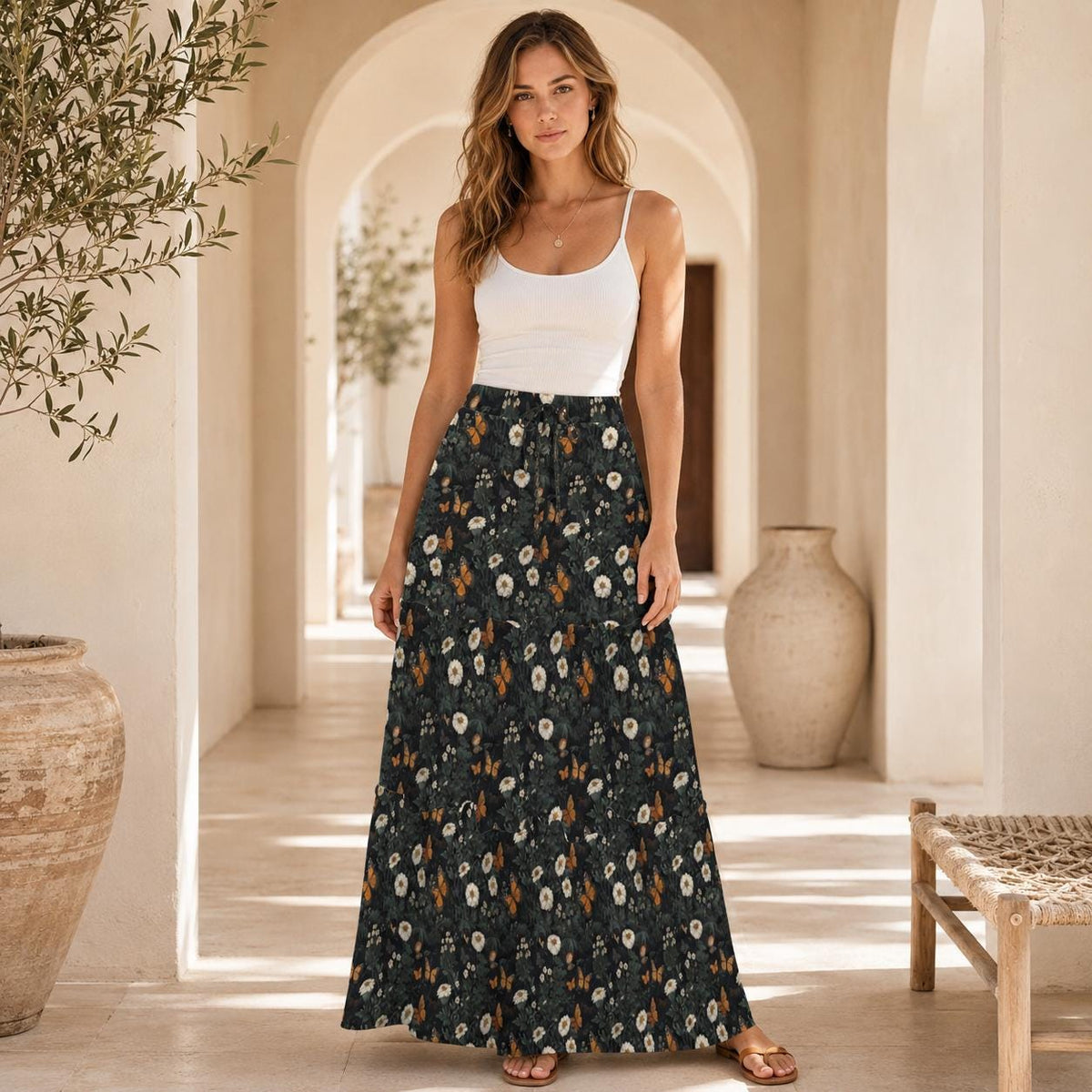 Daisy Maxi Skirt, Charcoal Tiered Wildflower Skirt