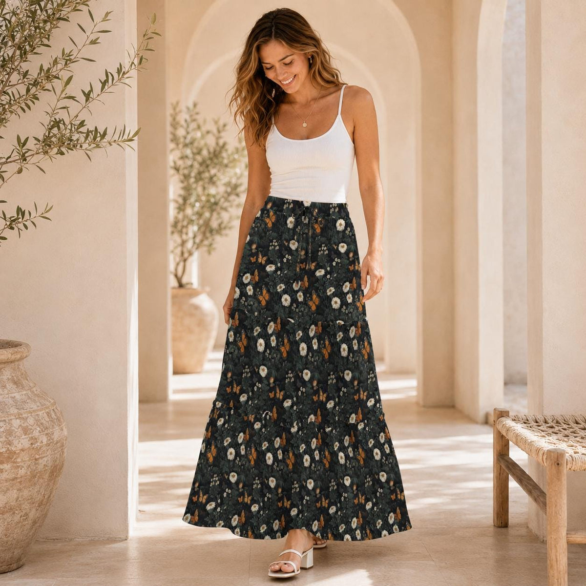 Daisy Maxi Skirt, Charcoal Tiered Wildflower Skirt