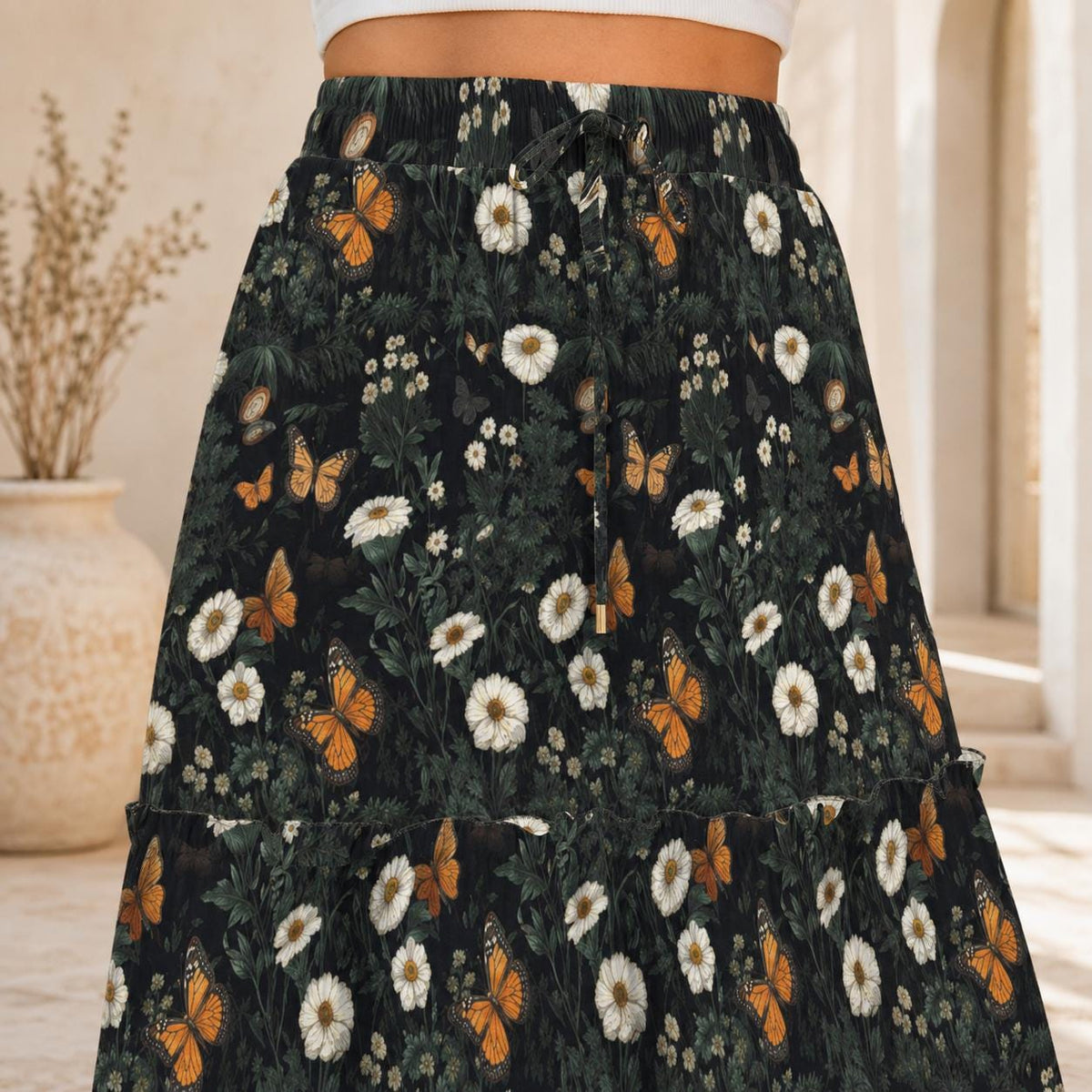 Daisy Maxi Skirt, Charcoal Tiered Wildflower Skirt