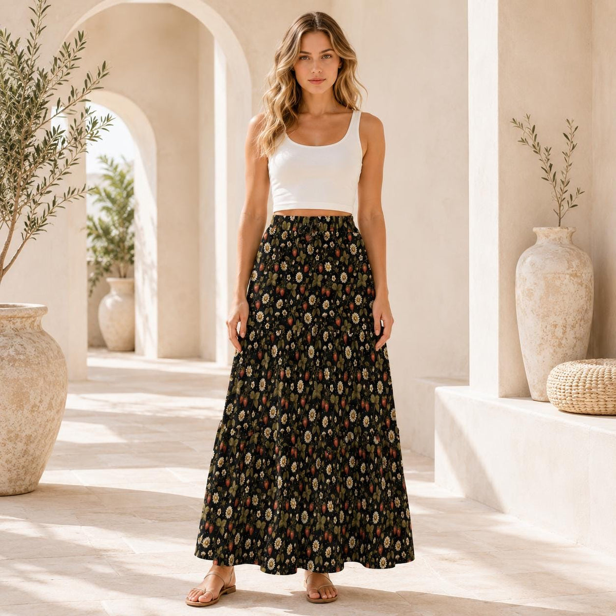 Ditsy Folk Floral Maxi Skirt, Dark Cottagecore Tiered Skirt