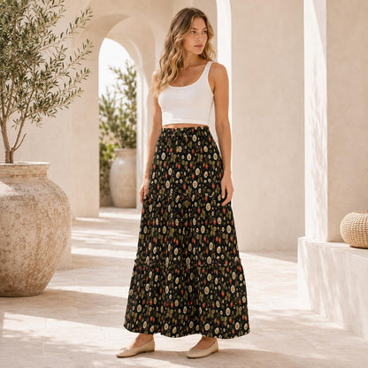 Ditsy Folk Floral Maxi Skirt, Dark Cottagecore Tiered Skirt