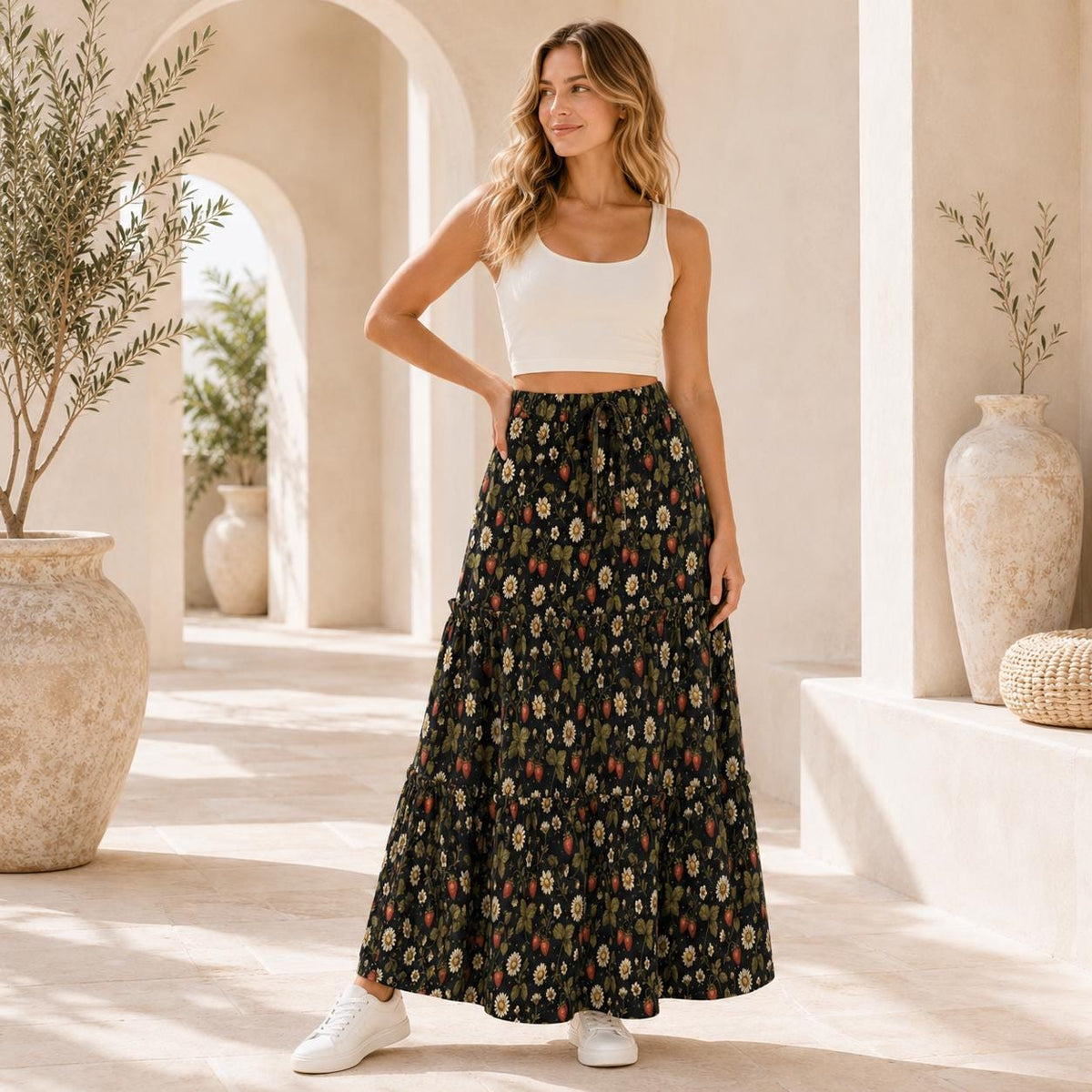 Ditsy Folk Floral Maxi Skirt, Dark Cottagecore Tiered Skirt