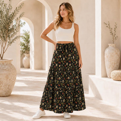 Ditsy Folk Floral Maxi Skirt, Dark Cottagecore Tiered Skirt