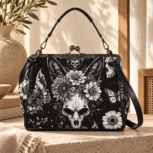 Skull kiss lock purse, butterfly gothic frame bag, monochrome floral handbag