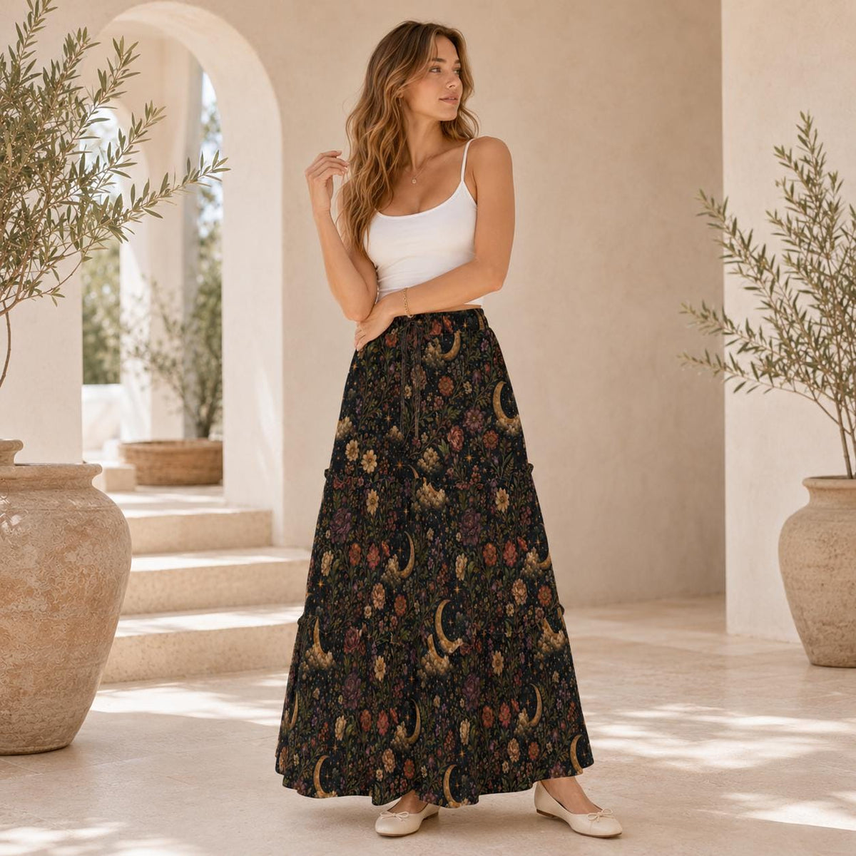 Celestial Floral Maxi Skirt, Golden Moons and Whimsigoth Blooms