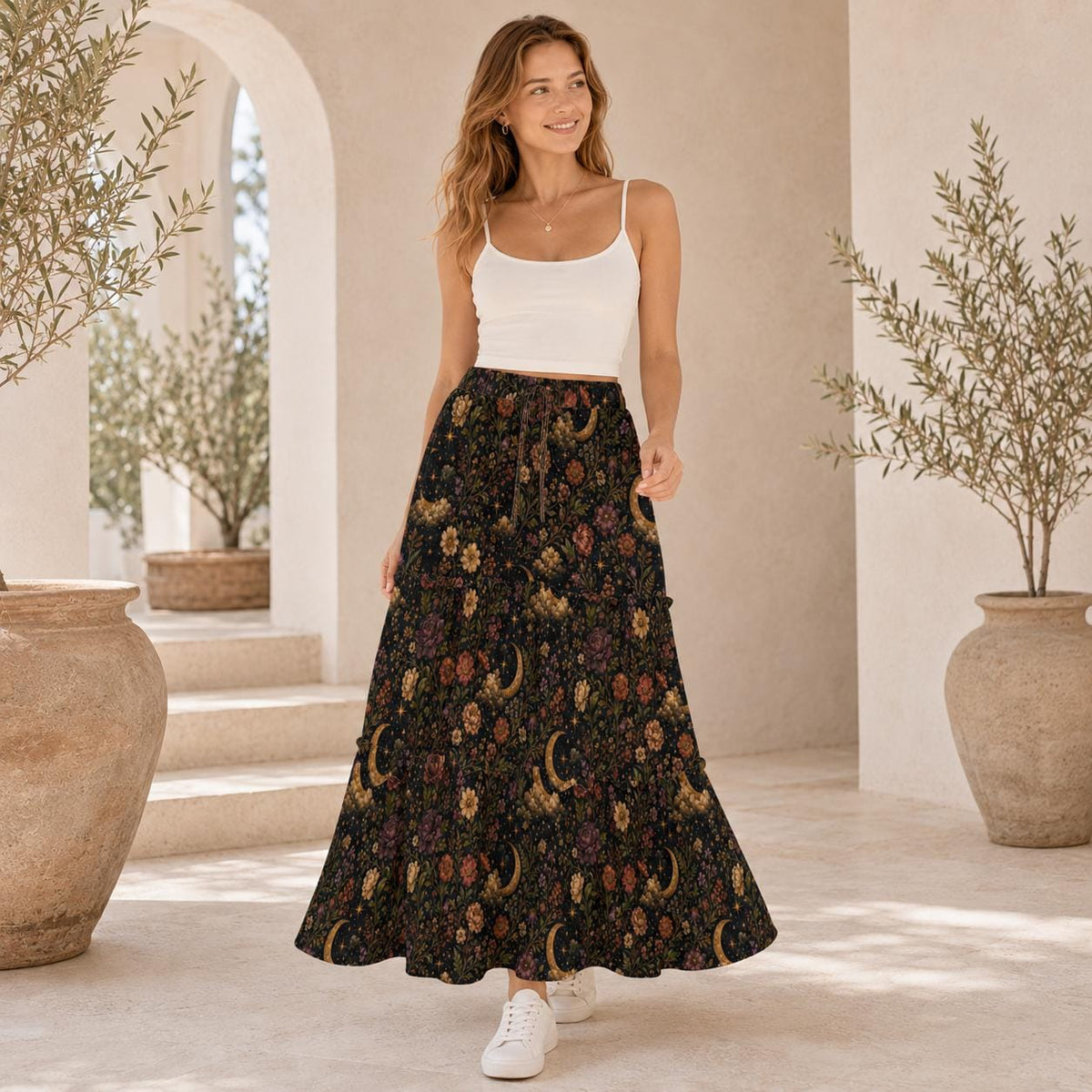 Celestial Floral Maxi Skirt, Golden Moons and Whimsigoth Blooms