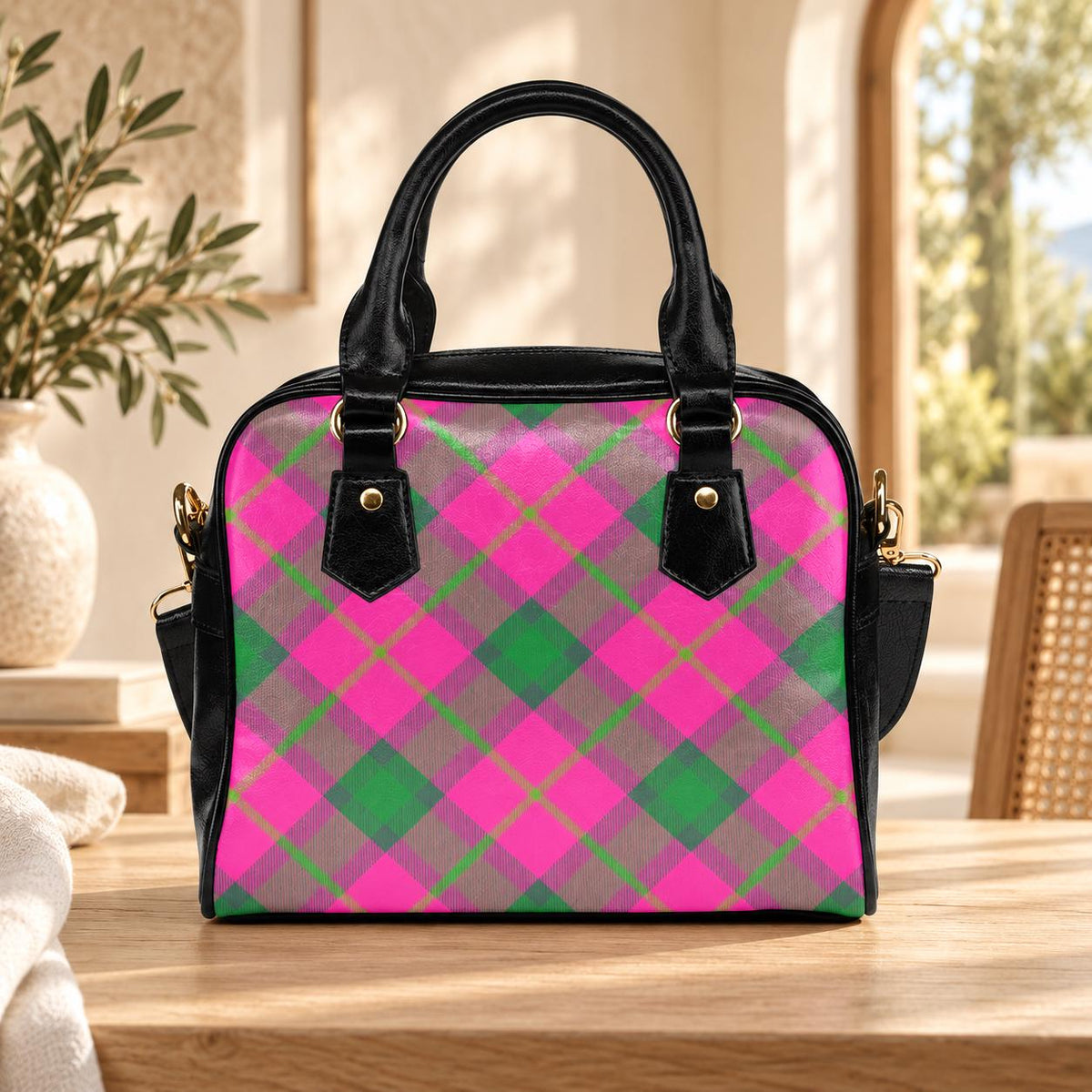 Pink green plaid satchel bag, pastel punk crossbody purse, kawaii grunge handbag for women