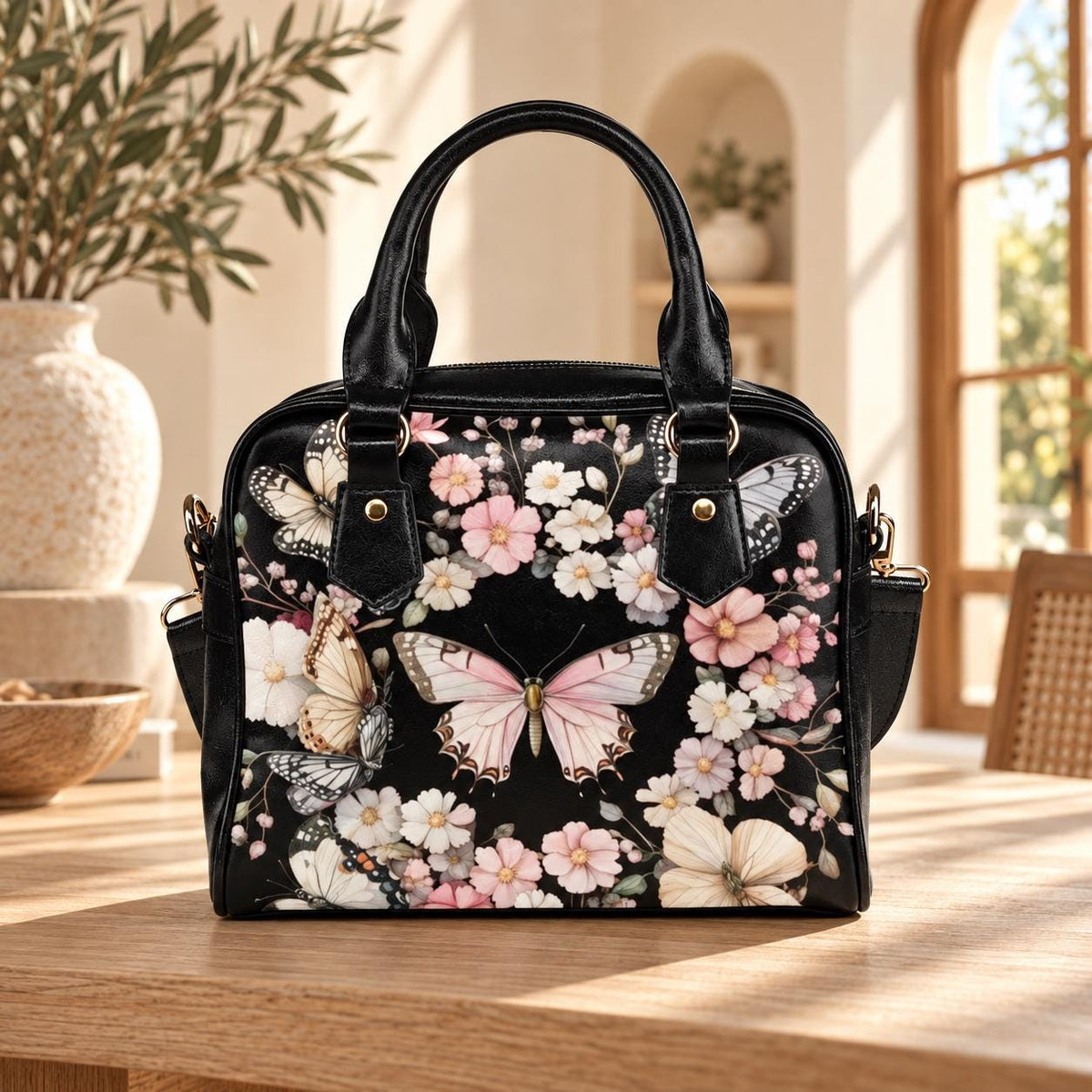 Black Butterfly Floral Satchel Handbag, Romantic Spring Blossom Statement Bag