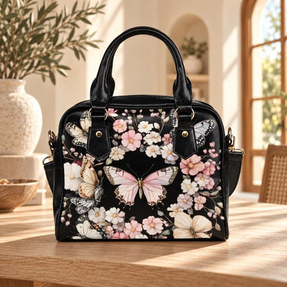 Black Butterfly Floral Satchel Handbag, Romantic Spring Blossom Statement Bag