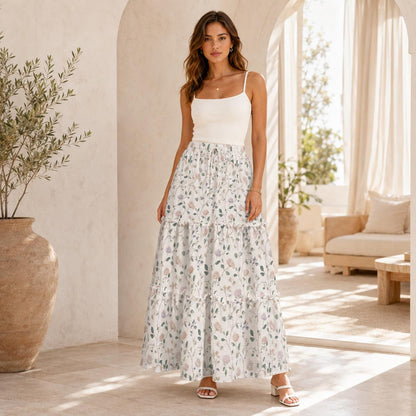 Ivory Wildflower Tiered Maxi Skirt, Sage Pink Cottagecore Long Skirt