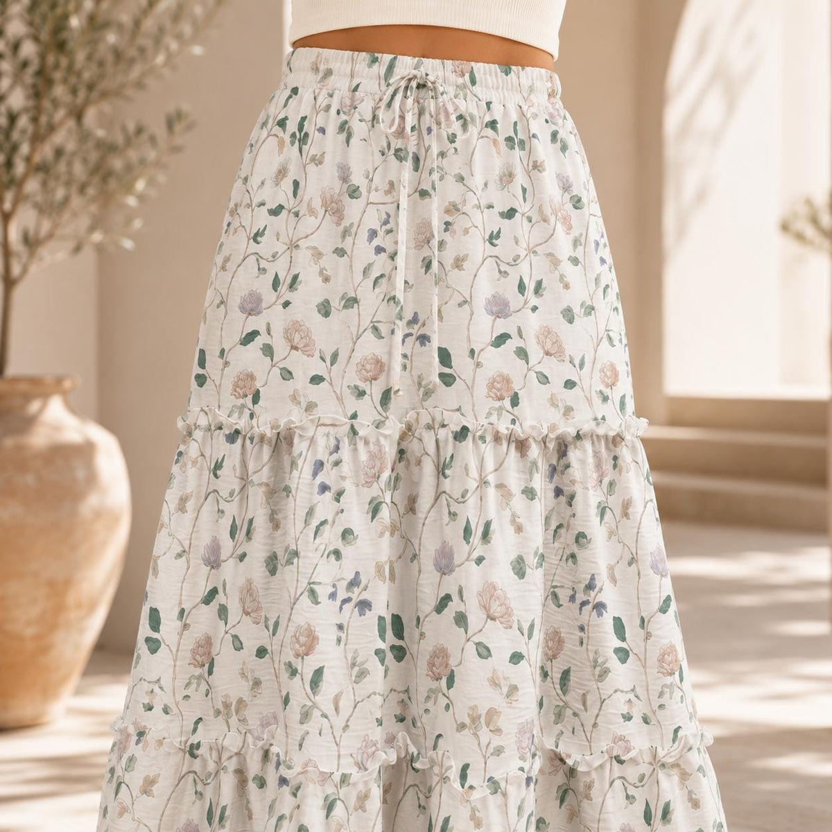Ivory Wildflower Tiered Maxi Skirt, Sage Pink Cottagecore Long Skirt