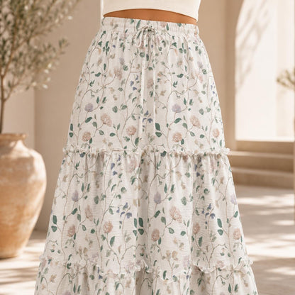 Ivory Wildflower Tiered Maxi Skirt, Sage Pink Cottagecore Long Skirt