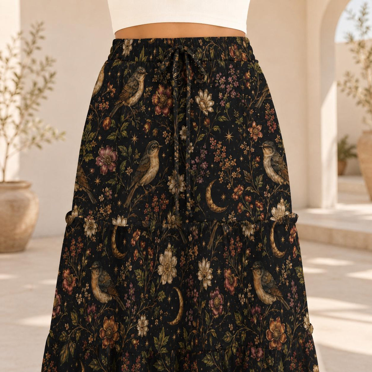 Celestial Forest Maxi Skirt, Black Moon Botanical Design