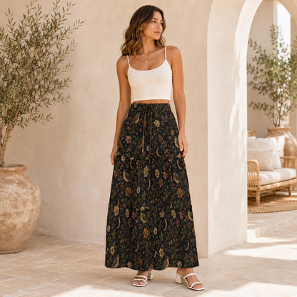 Celestial Forest Maxi Skirt, Black Moon Botanical Design