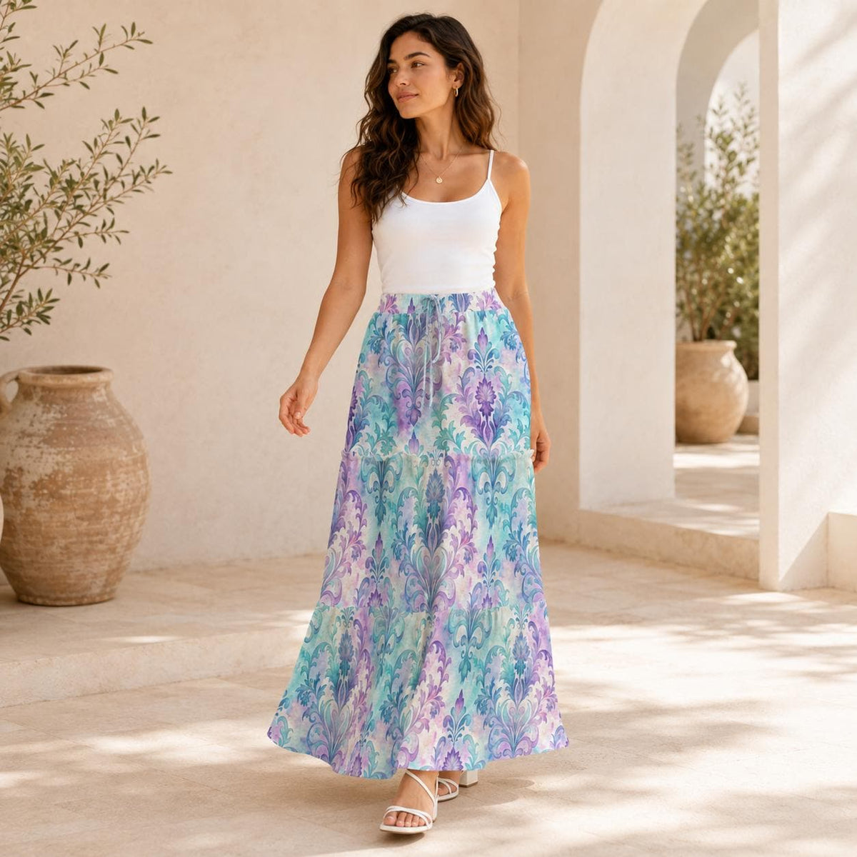 Pastel Paisley Maxi Skirt, Aqua Lavender Botanical Tiered Skirt