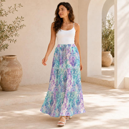 Pastel Paisley Maxi Skirt, Aqua Lavender Botanical Tiered Skirt