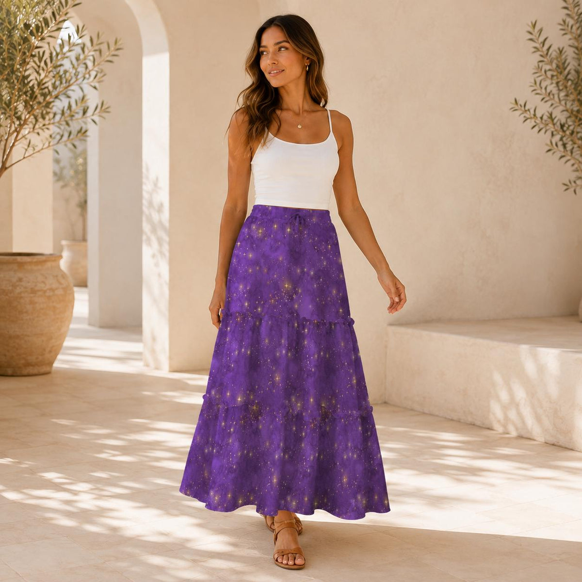 Purple Celestial Maxi Skirt, Gold Star Tiered Boho Skirt
