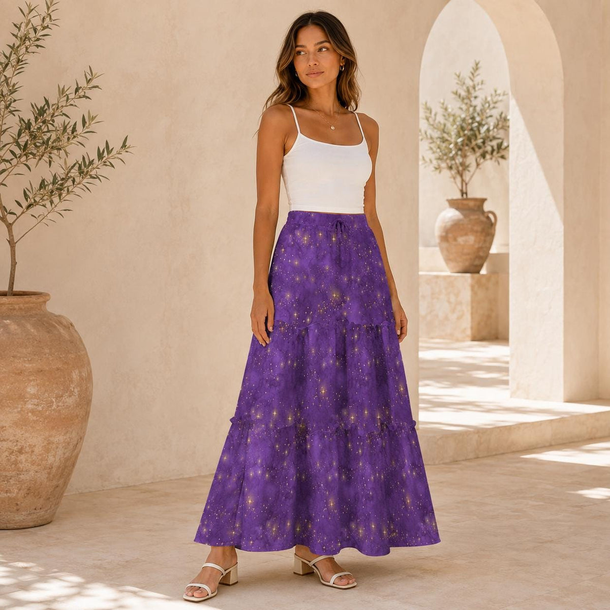 Purple Celestial Maxi Skirt, Gold Star Tiered Boho Skirt