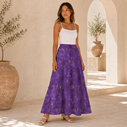 Purple Celestial Maxi Skirt, Gold Star Tiered Boho Skirt