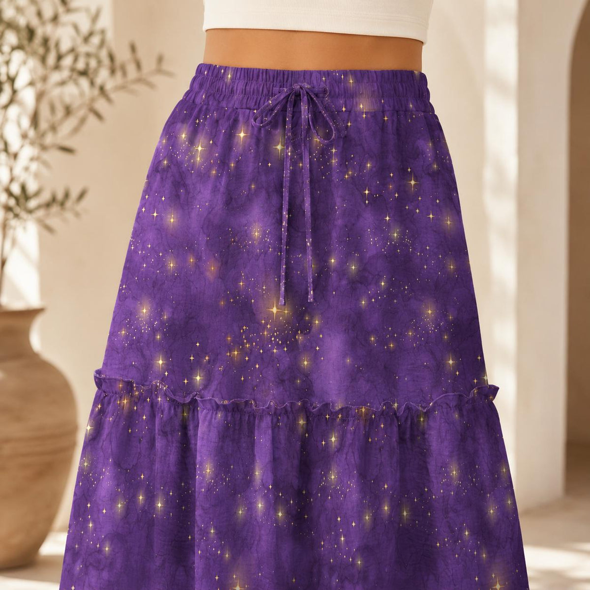 Purple Celestial Maxi Skirt, Gold Star Tiered Boho Skirt