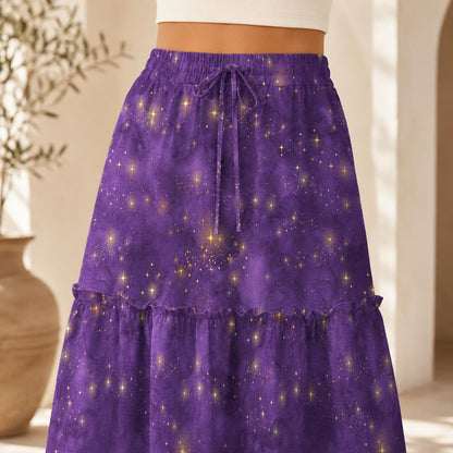 Purple Celestial Maxi Skirt, Gold Star Tiered Boho Skirt