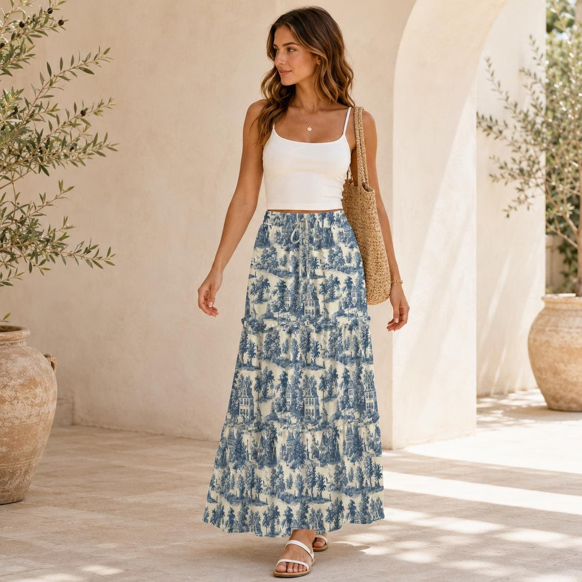 French Toile Maxi Skirt, Cream and Denim-Blue Pastoral Scene