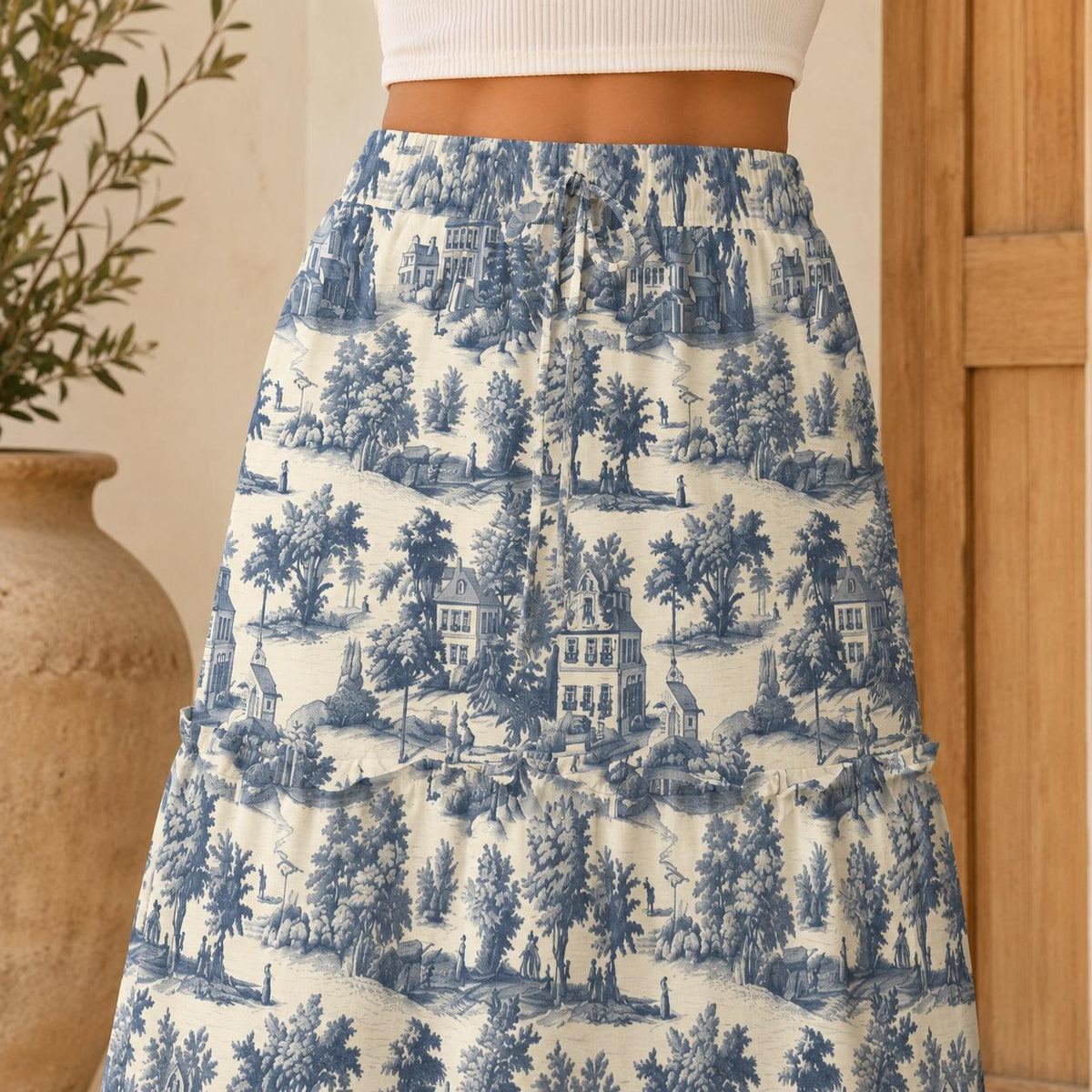 French Toile Maxi Skirt, Cream and Denim-Blue Pastoral Scene