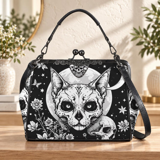 Full Moon Cat Kisslock Purse, Celestial Feline Print Handbag, Skull Flower Bag