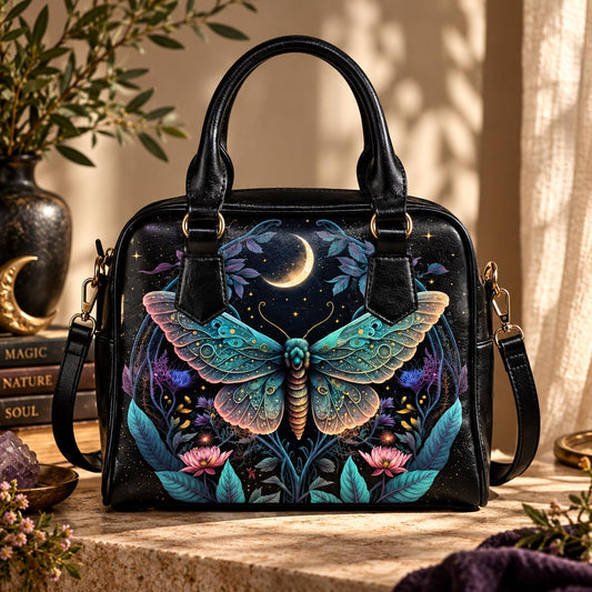 Celestial moth moon handbag, witchy astrology crossbody bag, mystical travel tote
