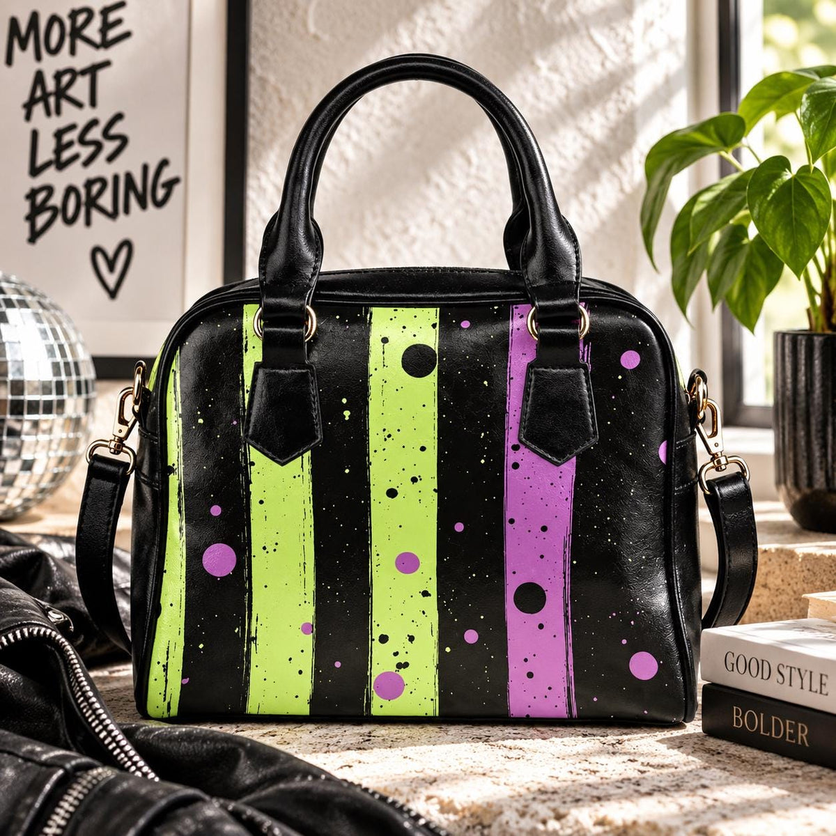Green Purple Stripe Handbag, Paint Splatter Crossbody Purse, Gold Hardware Shoulder Bag
