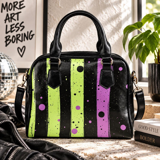 Halloween Stripe Purse, Gothic Top Handle Bag, Lime Purple Crossbody Handbag