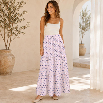 Lavender Polka Dot Maxi Skirt, Purple Tiered Retro Style