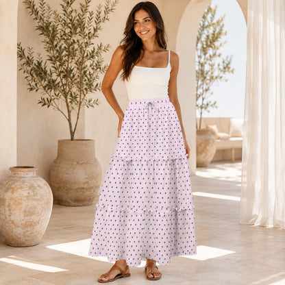 Lavender Polka Dot Maxi Skirt, Purple Tiered Retro Style