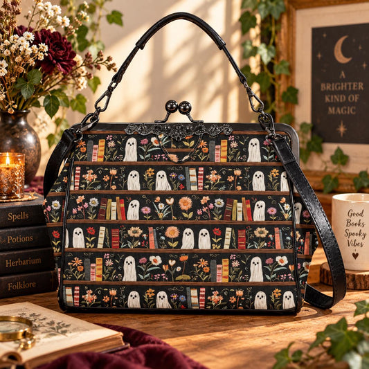 Ghost Bookshelf Crossbody Bag, Gothic Book Purse, Halloween Clasp Handbag