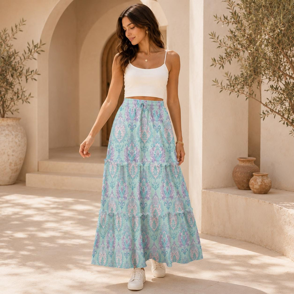 Pastel Aqua Paisley Maxi Skirt, Romantic Boho Damask Medallions