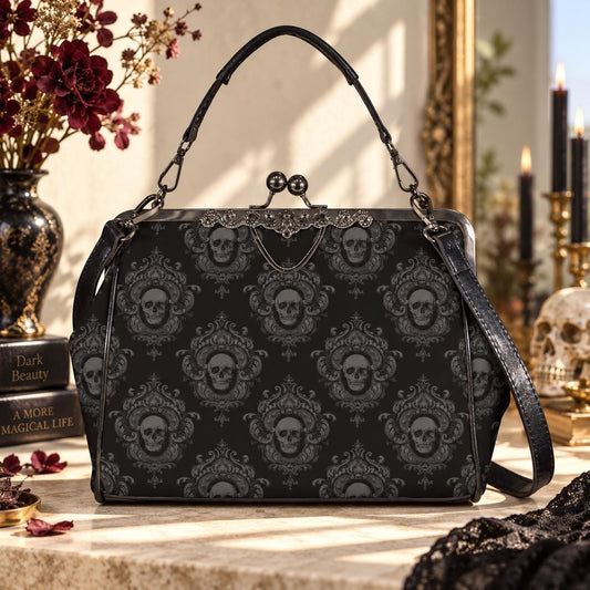Skull Damask Kisslock Bag, Vintage Gothic Handbag, Victorian Style Purse