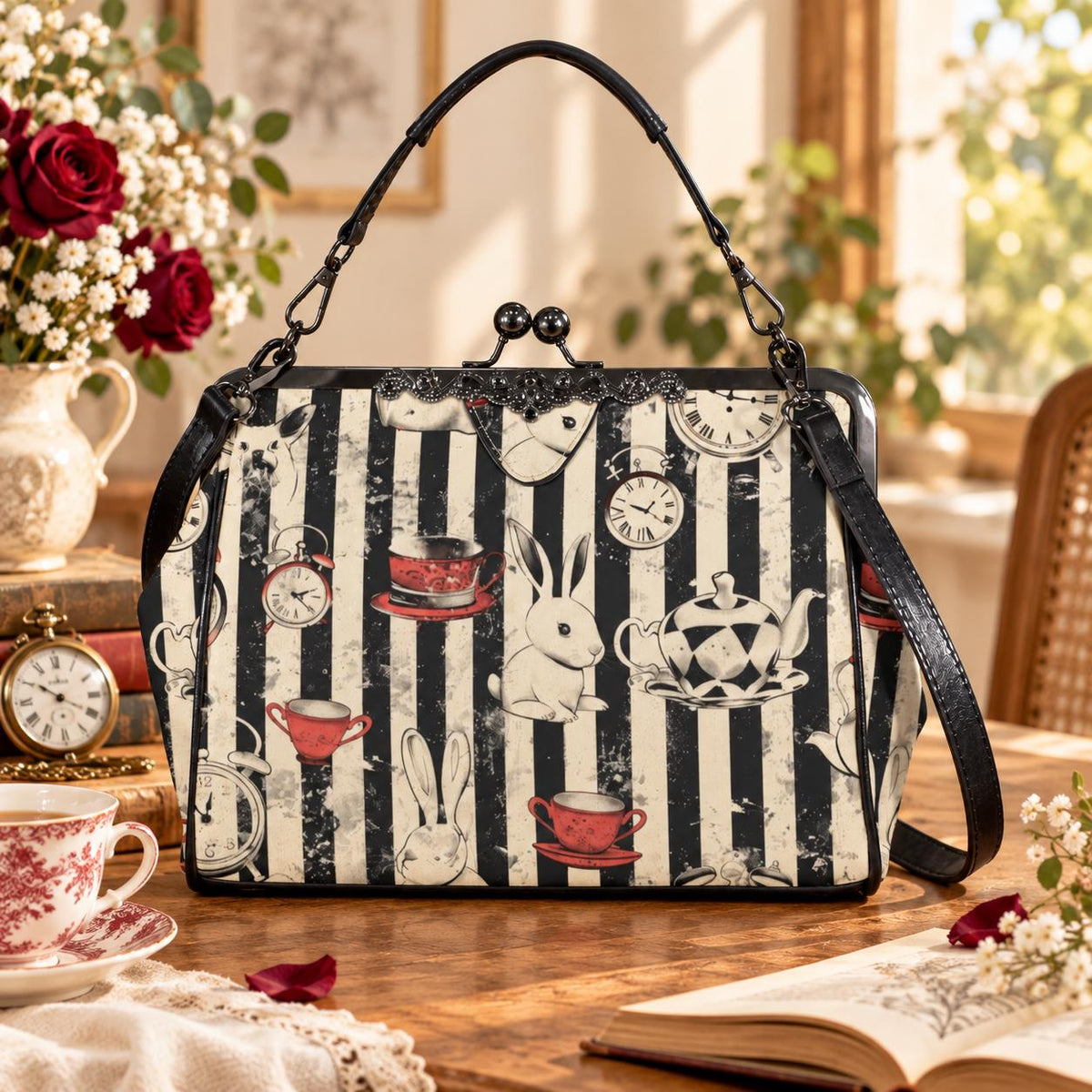 Wonderland Rabbit Clock Teacup Tea Party Kisslock Handbag, Striped Storybook Purse