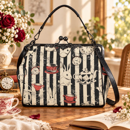 Wonderland Rabbit Clock Teacup Tea Party Kisslock Handbag, Striped Storybook Purse