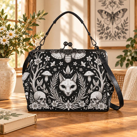 Gothic Fox Skull Handbag, Witchy Cat Crossbody Clutch, Dark Fairy Occult Fashion Bag