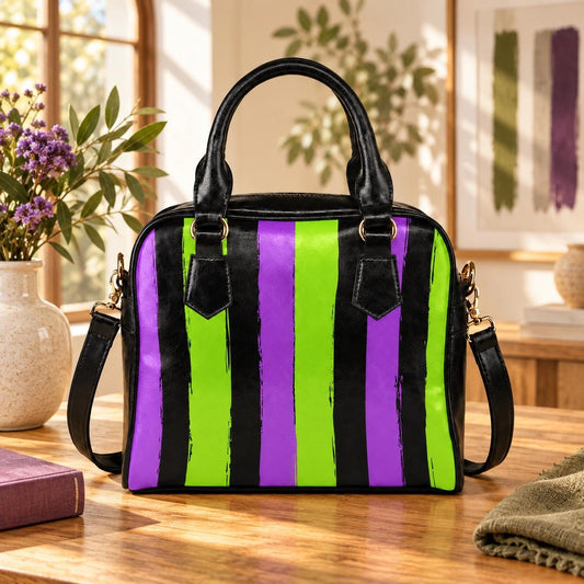 Goth Striped Handbag, Purple Green Top Handle Purse, Spooky Crossbody Satchel