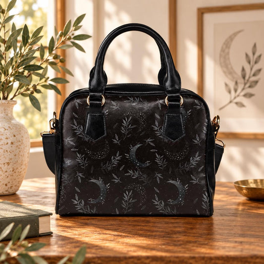 Black Celestial Moon Botanical Satchel, Vegan Leather Handbag, Dark Floral Statement Bag