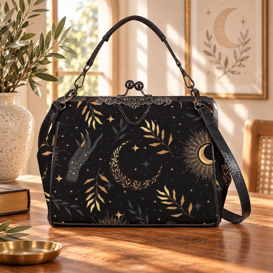 Kiss Lock Bag Celestial Moon Purse, Witchy Evening Handbag with Crossbody Strap