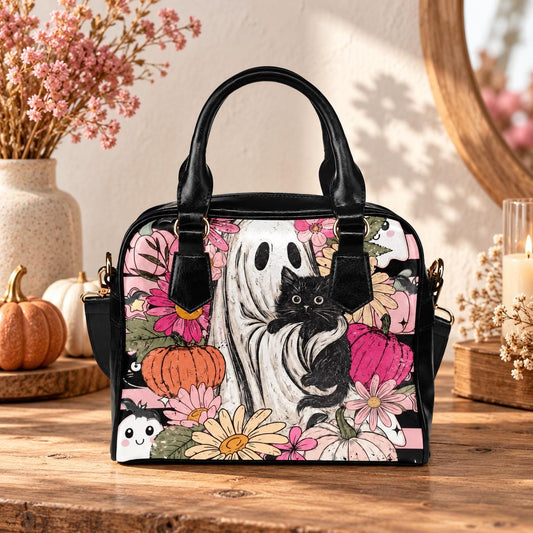 Cute Ghost Handbag, Black Cat Satchel Purse, Floral Halloween Bag
