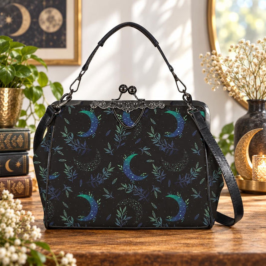 Moon Phase Kiss Lock Purse, Botanical Crescent Handbag in Blue Green Night Sky