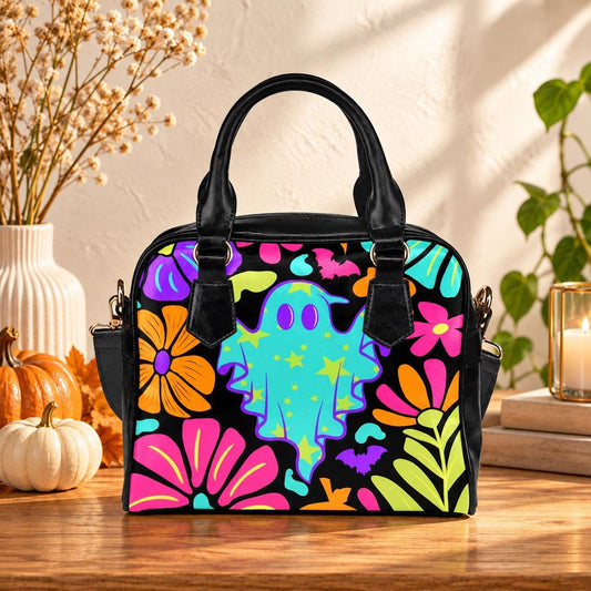 Ghost Handbag, Colorful Halloween Bowler Bag, Retro Floral Purse