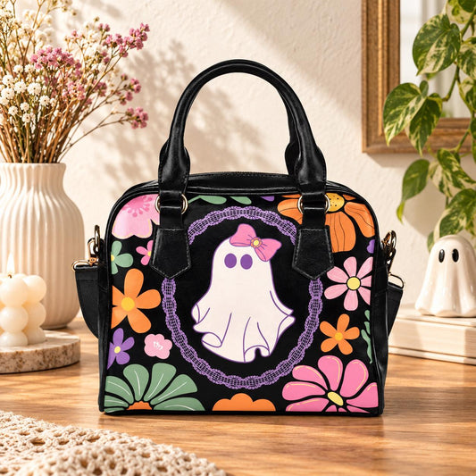 Groovy Ghost Purse with Floral Print, Retro Halloween Shoulder Bag, Cute Fall Handbag