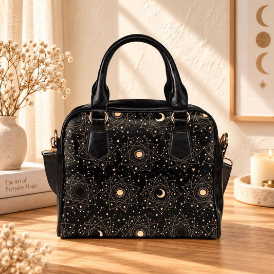 Astrology Satchel Handbag, Black Sun Moon Top Handle Purse with Crossbody Strap