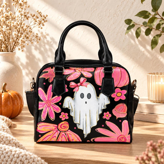 Pink Ghost Purse, Coquette Spooky Handbag, Floral Pumpkin Top Handle Bag