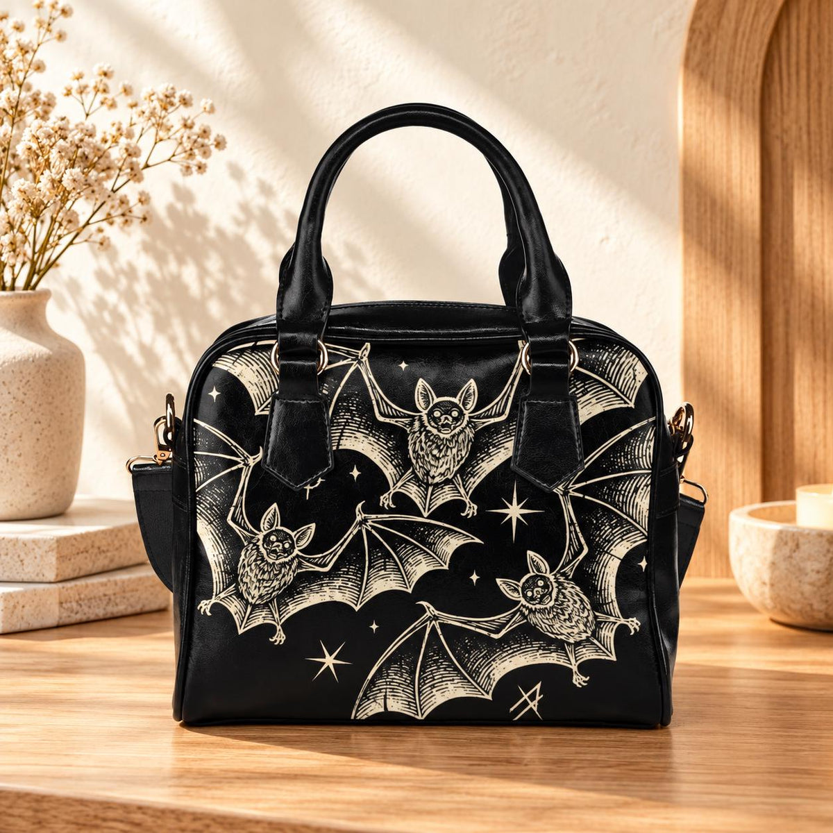 Gothic Bat Print Handbag, Vintage Engraving Vegan Leather Crossbody Purse